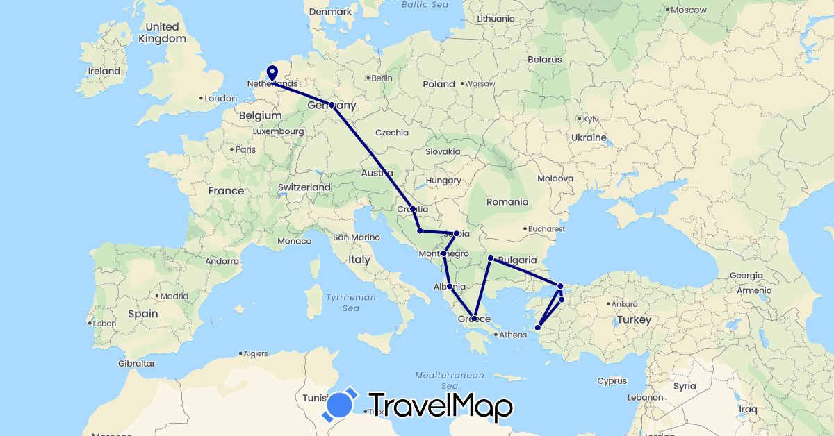 TravelMap itinerary: driving in Albania, Bosnia and Herzegovina, Bulgaria, Germany, Greece, Croatia, Montenegro, Netherlands, Serbia, Turkey (Asia, Europe)